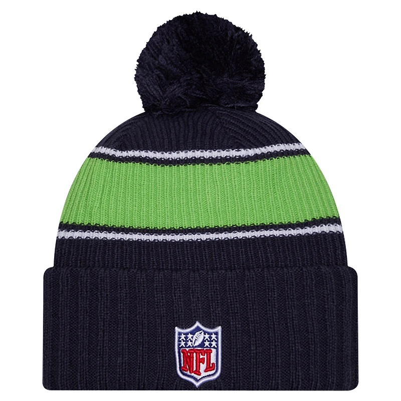 Bonnet en tricot à revers avec pompon pour homme New Era College Navy Seattle Seahawks 2024 Sideline Sport