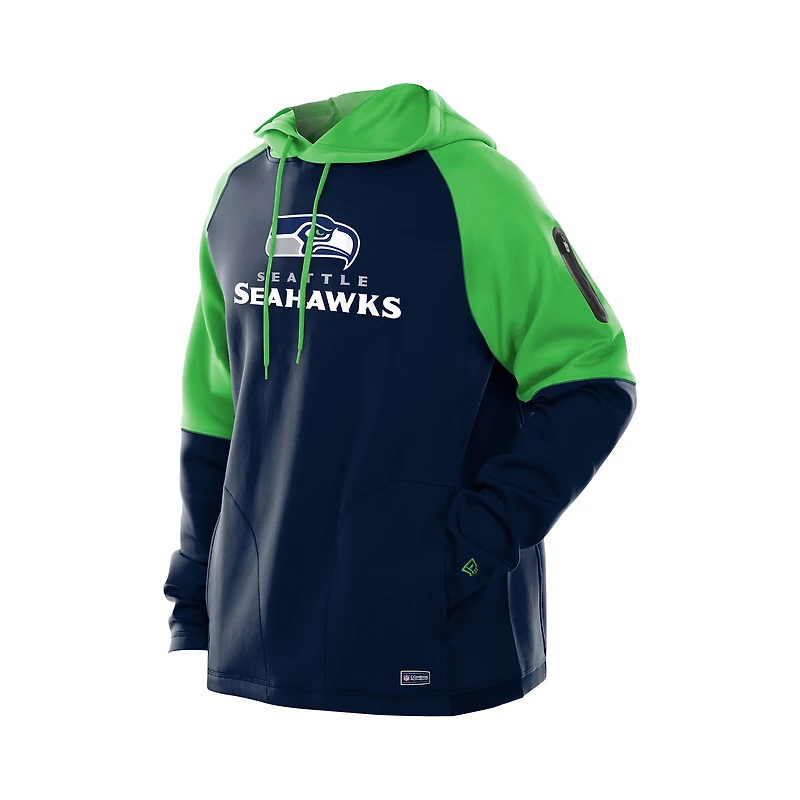Men's New Era  College Navy Seattle Seahawks Combine Authentic Color Block Raglan Pullover Hoodie