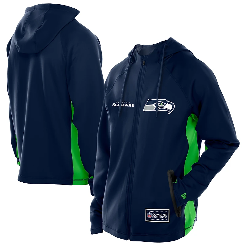 Sweat à capuche entièrement zippé New Era College Navy Seattle Seahawks Combine Authentic Raglan Scuba pour homme