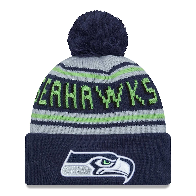 Bonnet en tricot à revers principal des Seattle Seahawks New Era College Navy pour hommes avec pompon
