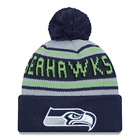 Bonnet en tricot à revers principal des Seattle Seahawks New Era College Navy pour hommes avec pompon