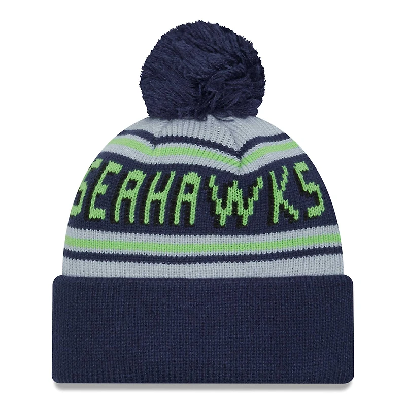 Bonnet en tricot à revers principal des Seattle Seahawks New Era College Navy pour hommes avec pompon