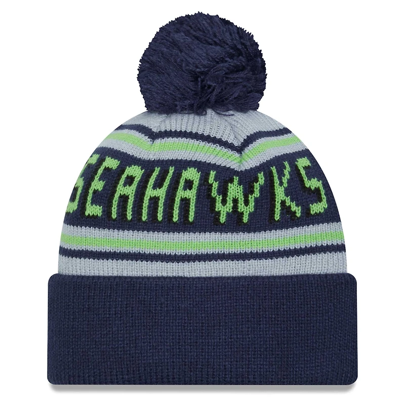 Bonnet en tricot à revers principal des Seattle Seahawks New Era College Navy pour hommes avec pompon