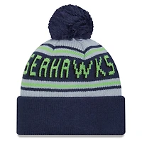 Bonnet en tricot à revers principal des Seattle Seahawks New Era College Navy pour hommes avec pompon
