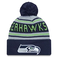 Bonnet en tricot à revers principal des Seattle Seahawks New Era College Navy pour hommes avec pompon