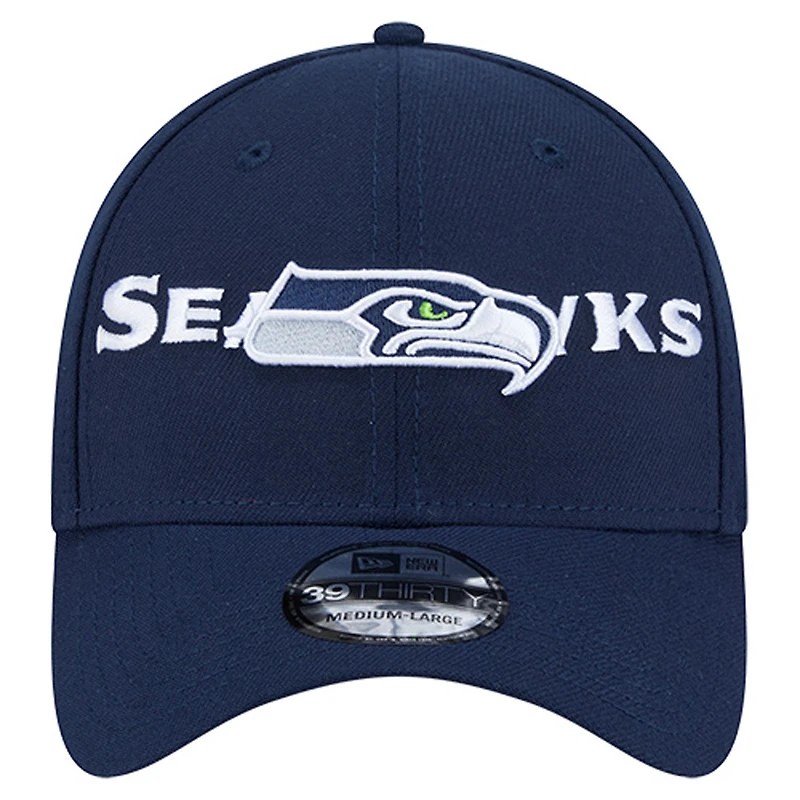 Casquette extensible 39THIRTY pour homme New Era College Navy Seattle Seahawks avec logo superposé