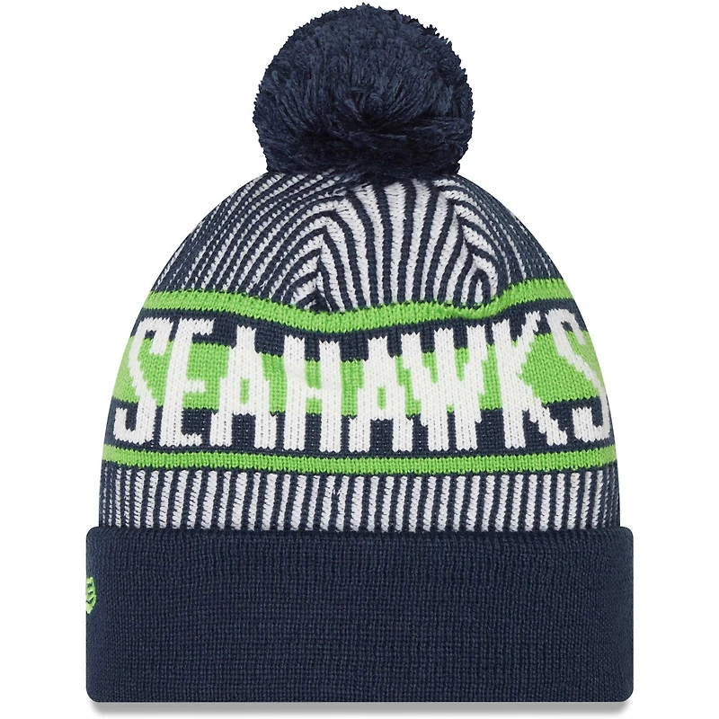 Bonnet en tricot rayé à revers pour hommes New Era College Navy Seattle Seahawks avec pompon