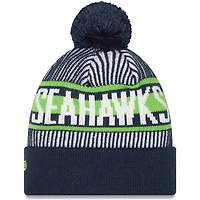 Bonnet en tricot rayé à revers pour hommes New Era College Navy Seattle Seahawks avec pompon