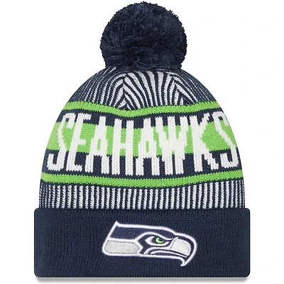 Bonnet en tricot rayé à revers pour hommes New Era College Navy Seattle Seahawks avec pompon
