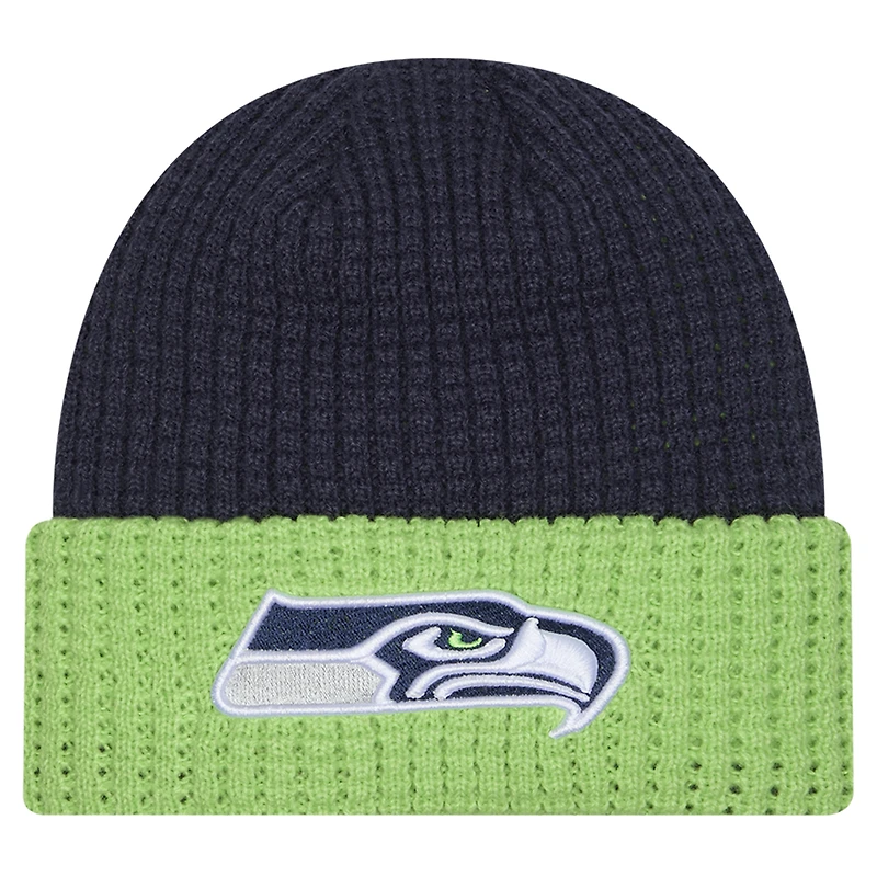 Bonnet en tricot gaufré à revers bleu marine pour homme New Era des Seattle Seahawks