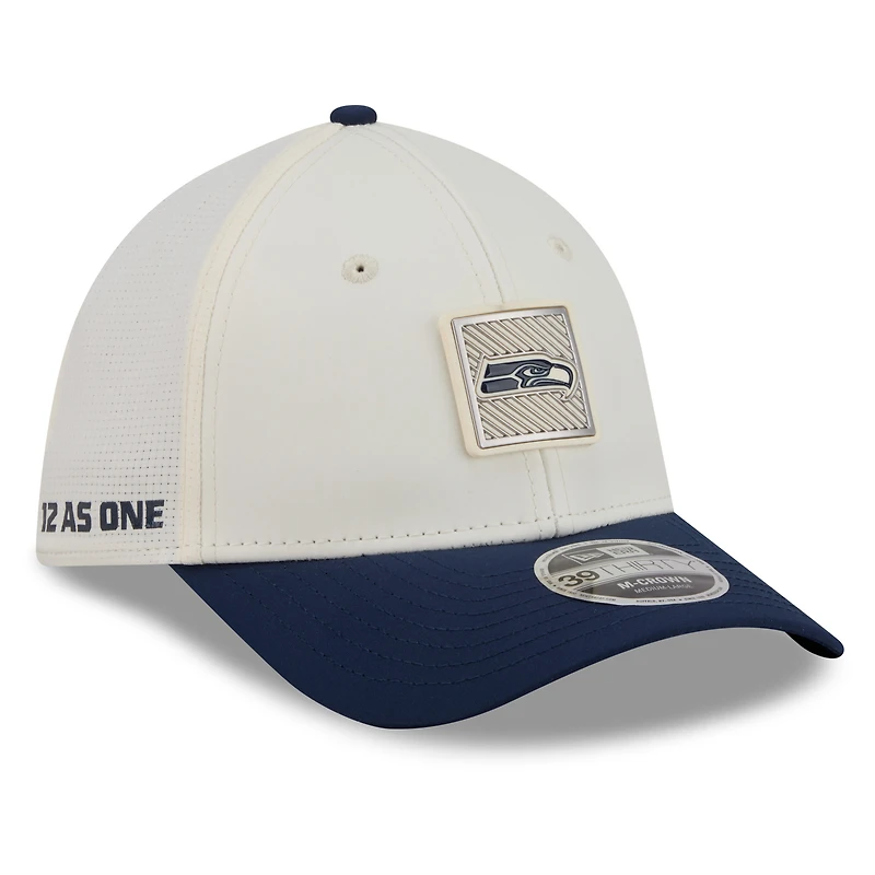 Men's New Era Cream/College Navy Seattle Seahawks 2026 NFL Training Camp 39THIRTY M-Crown Flex Hat