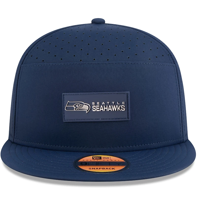 Men's New Era Navy Seattle Seahawks 2025 Sideline Split Panel 9FIFTY Snapback Hat