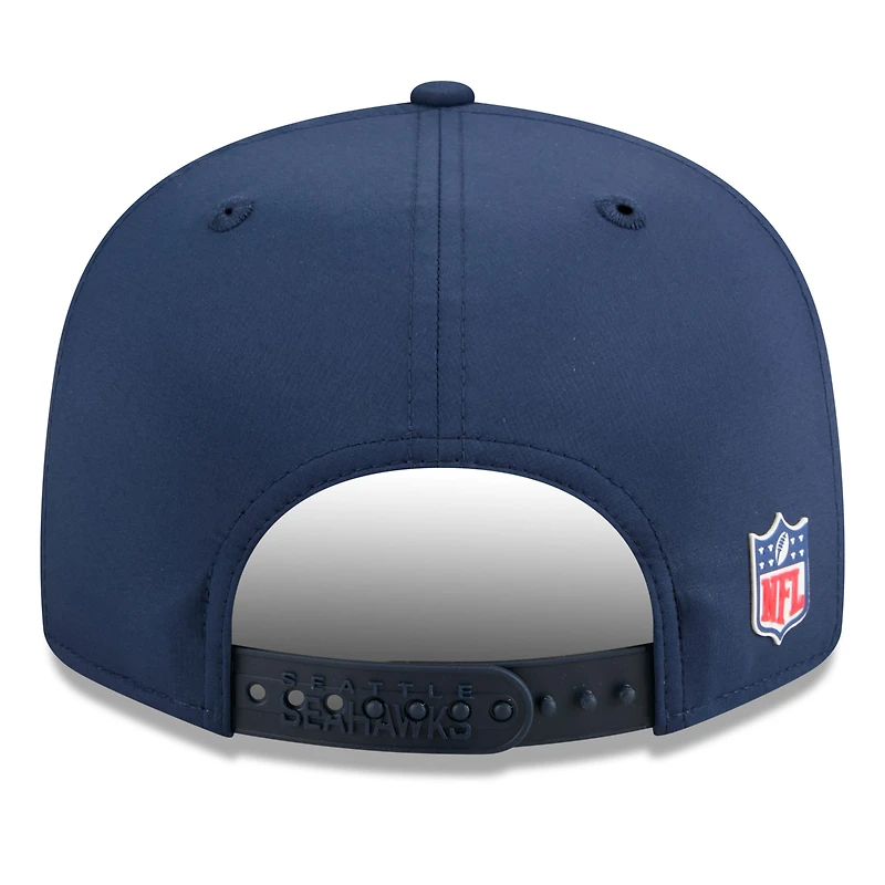 Men's New Era Navy Seattle Seahawks 2025 Sideline Split Panel 9FIFTY Snapback Hat