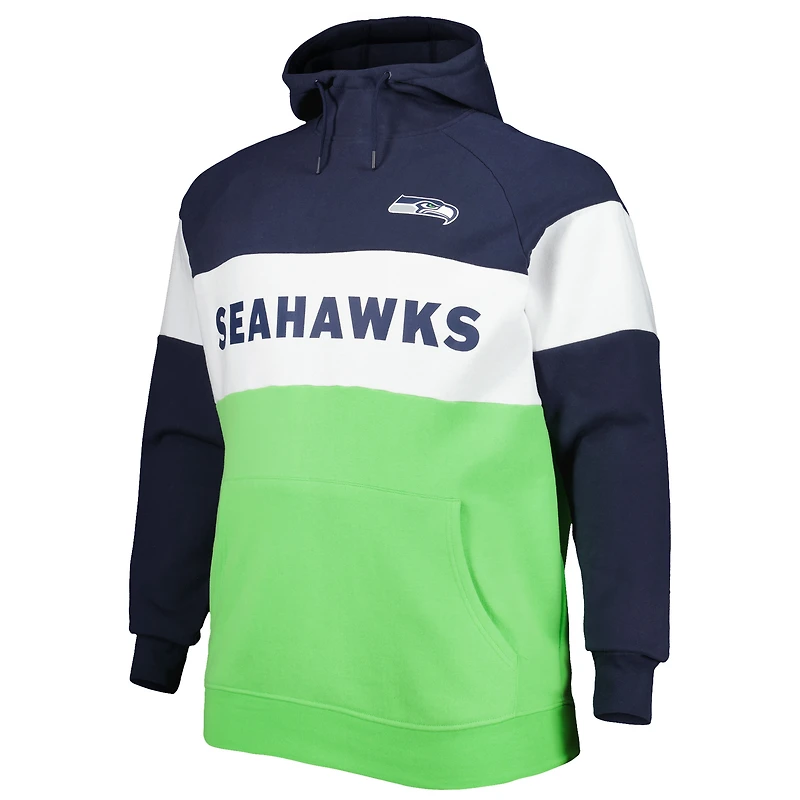 Sweat à capuche en polaire raglan New Era vert fluo/bleu marine College Seattle Seahawks Big & Tall Current pour homme
