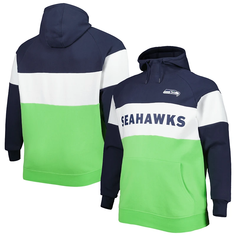 Sweat à capuche en polaire raglan New Era vert fluo/bleu marine College Seattle Seahawks Big & Tall Current pour homme
