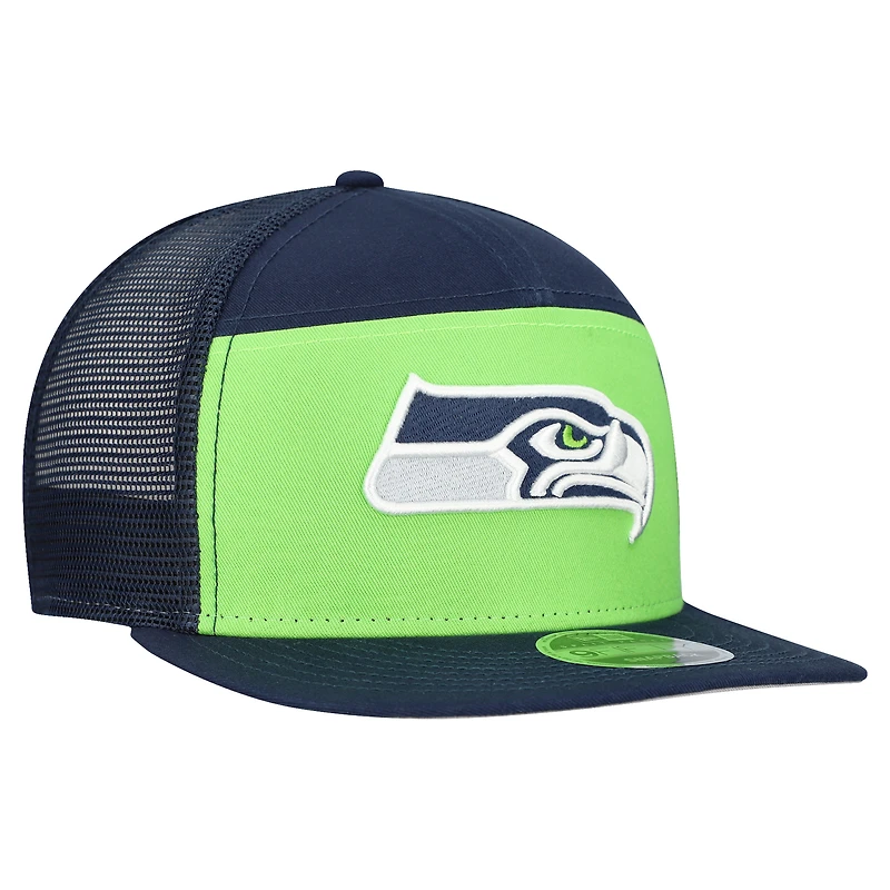 Men's New Era Neon Green/College Navy Seattle Seahawks Outdoor Split Panel 9FIFTY Snapback Hat