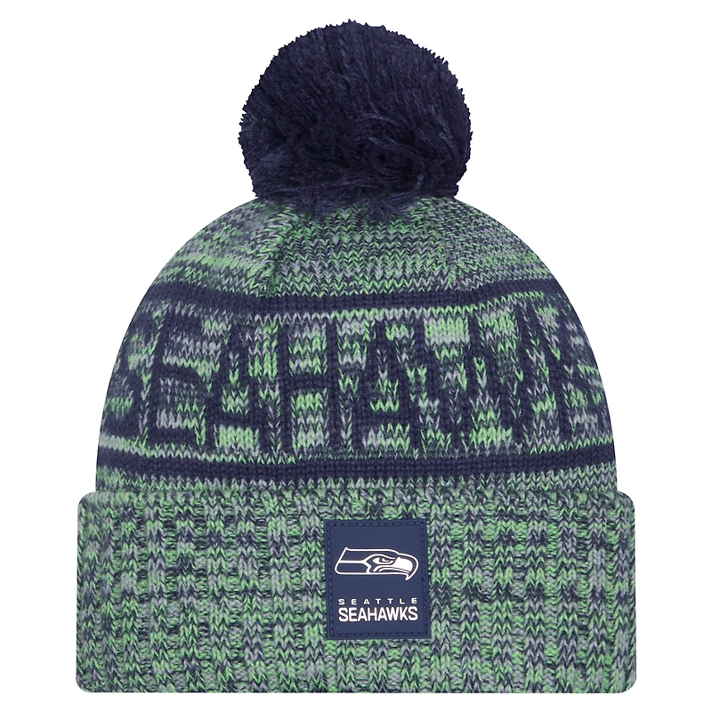 Men's New Era Neon Green Seattle Seahawks 2025 Sideline Cold Weather Cuffed Knit Hat with Pom