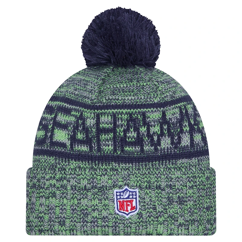 Men's New Era Neon Green Seattle Seahawks 2025 Sideline Cold Weather Cuffed Knit Hat with Pom
