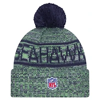 Men's New Era Neon Green Seattle Seahawks 2025 Sideline Cold Weather Cuffed Knit Hat with Pom
