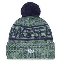 Men's New Era Neon Green Seattle Seahawks 2025 Sideline Cold Weather Cuffed Knit Hat with Pom