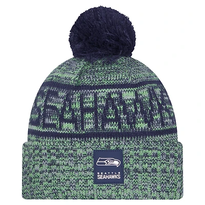 Men's New Era Neon Green Seattle Seahawks 2025 Sideline Cold Weather Cuffed Knit Hat with Pom