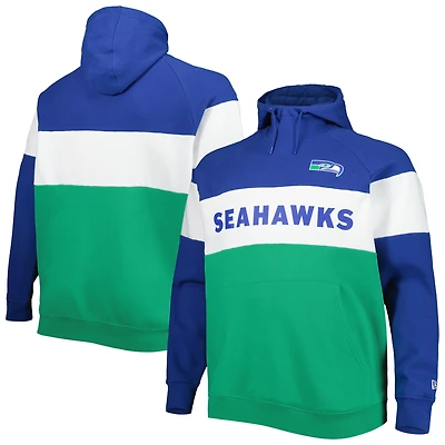 Men's New Era Royal/Green Seattle Seahawks Big & Tall Throwback Colorblock Fleece Raglan Pullover Hoodie