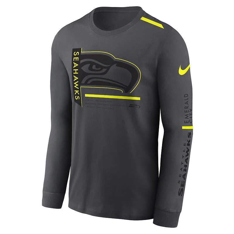 T-shirt à manches longues Nike Seattle Seahawks Volt Performance anthracite pour homme