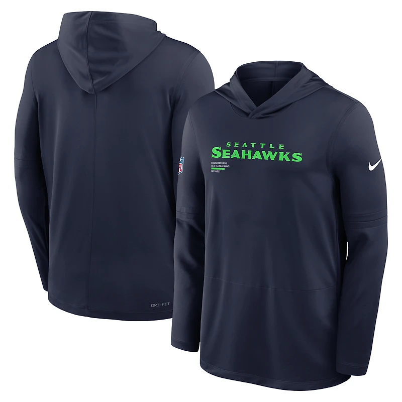 T-shirt à capuche manches longues Nike College Navy Seattle Seahawks 2025 Sideline Pure Fury Dri-FIT pour homme