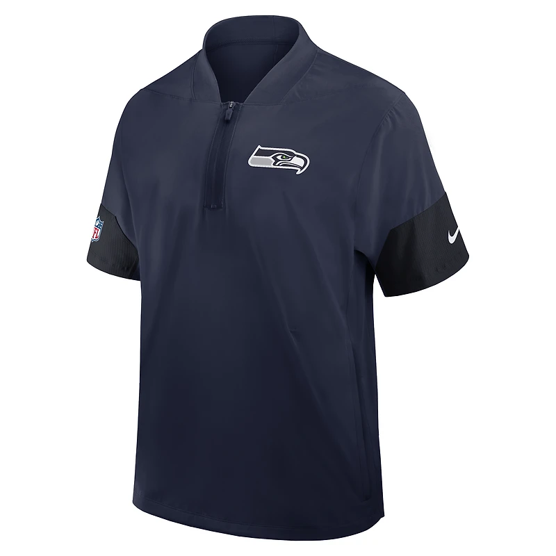 Veste d'entraîneur Nike College Navy Seattle Seahawks Sideline à manches courtes et fermeture éclair au quart Dri-FIT pour homme