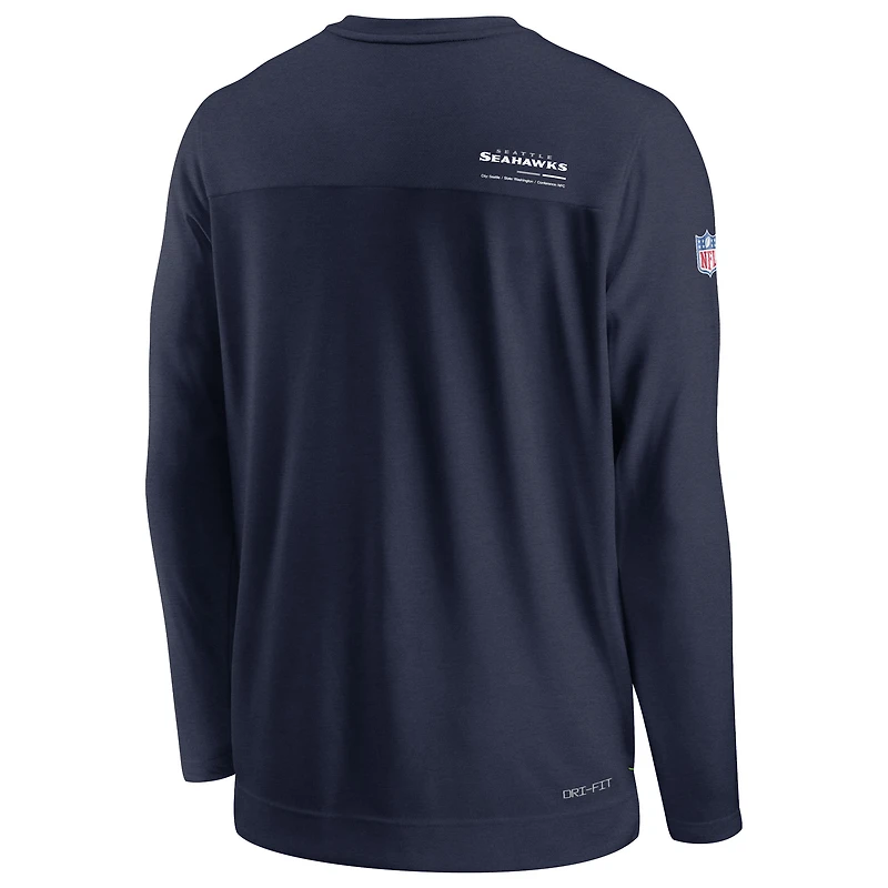 T-shirt de performance à manches longues et encolure en V pour homme Nike Seattle Seahawks Sideline Coach Chevron Lock Up - Bleu marine