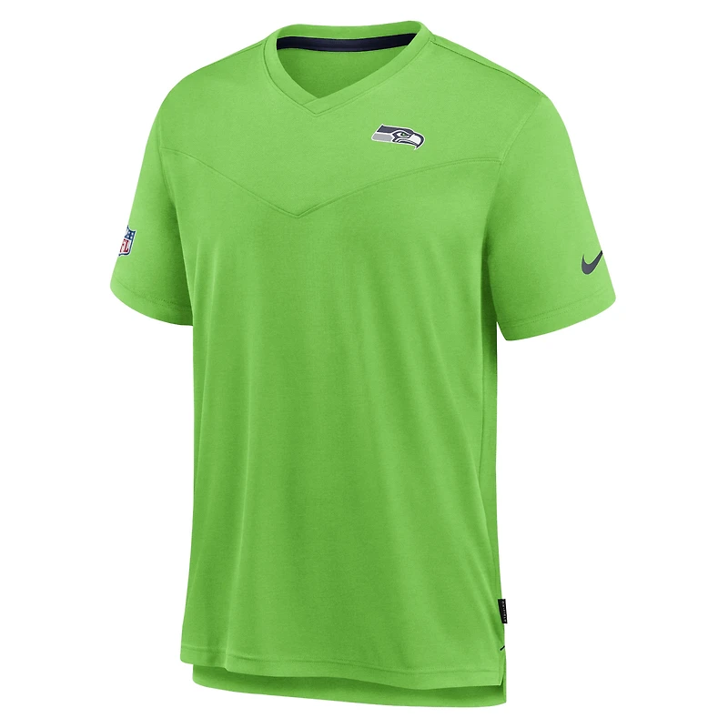 Men's Nike Neon Green Seattle Seahawks Sideline Coach Chevron Lock Up Logo V-Neck Performance T-Shirt