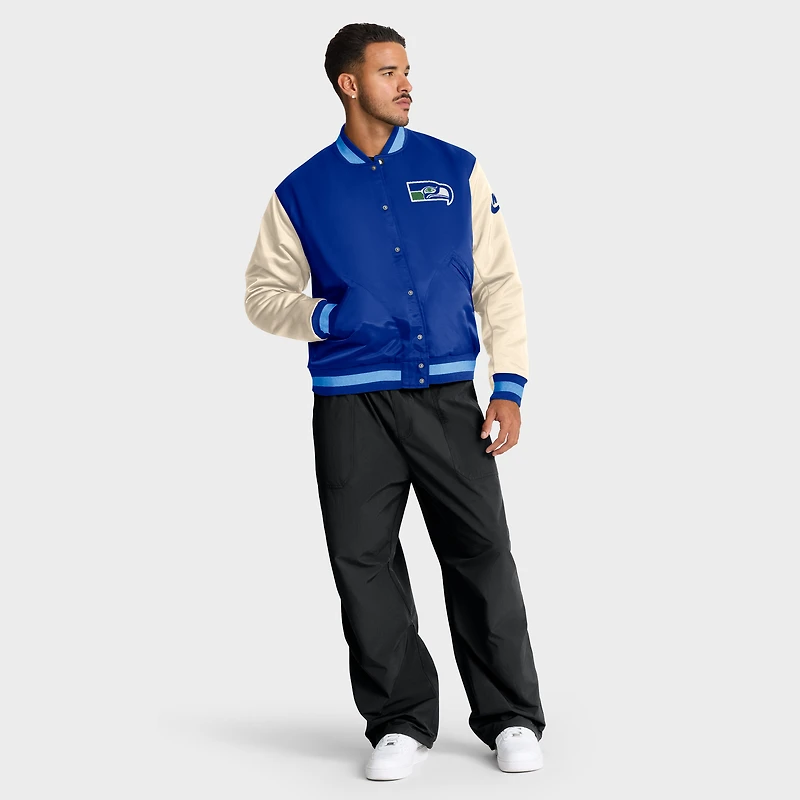 Veste aviateur Nike Rewind Legacy à boutons-pression pour homme, bleu royal/crème, Seattle Seahawks