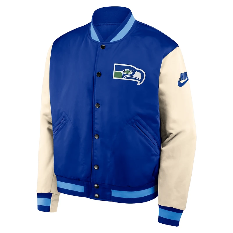 Men's Nike Royal/Cream Seattle Seahawks Rewind Legacy Full-Snap Bomber Jacket