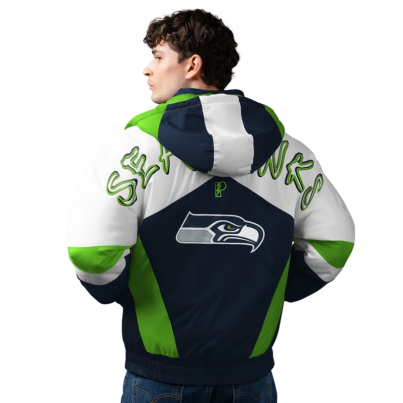 Veste à capuche zippée en polyfill pour homme, bleu marine/vert fluo, style universitaire, des Seattle Seahawks