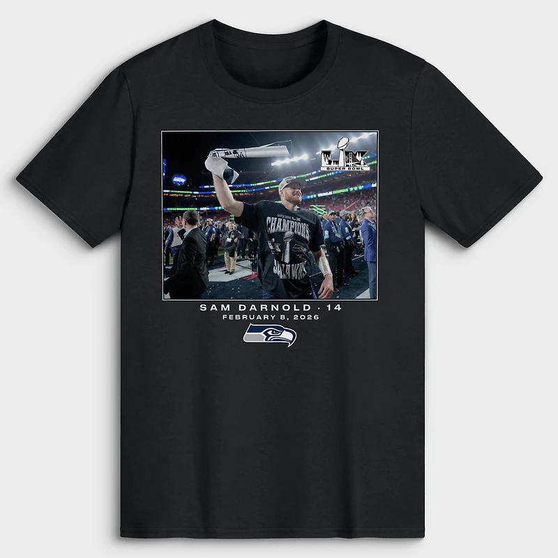 Men's Sam Darnold Black Seattle Seahawks NFL Flash Features Super Bowl LX T-Shirt