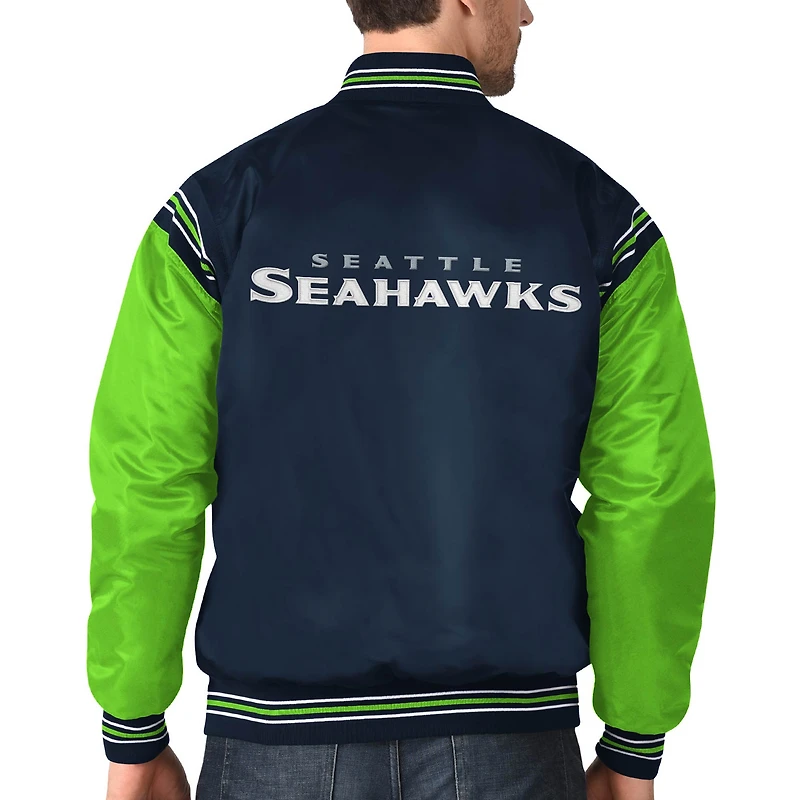 Men's Starter College Navy/Neon Green Seattle Seahawks Enforcer Satin Full-Snap - Varsity Jacket