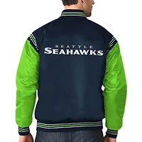 Men's Starter College Navy/Neon Green Seattle Seahawks Enforcer Satin Full-Snap - Varsity Jacket