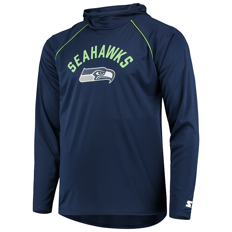 Men's Starter Navy Seattle Seahawks Raglan Long Sleeve Hoodie T-Shirt
