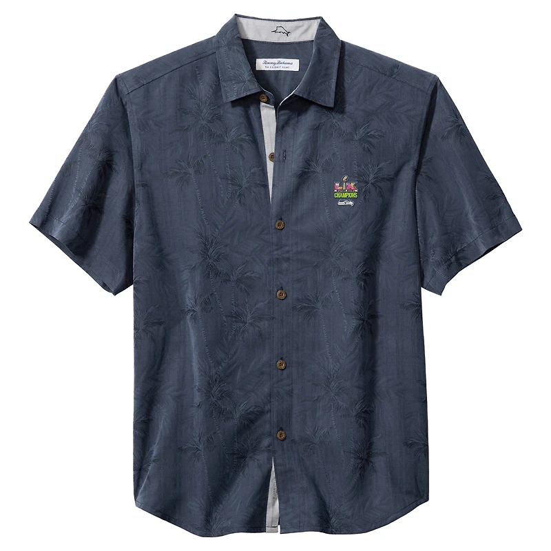 Men's Tommy Bahama College Navy Seattle Seahawks Super Bowl LX Champions Sport Coconut Point Palm Vista IslandZone Button-Up Shirt