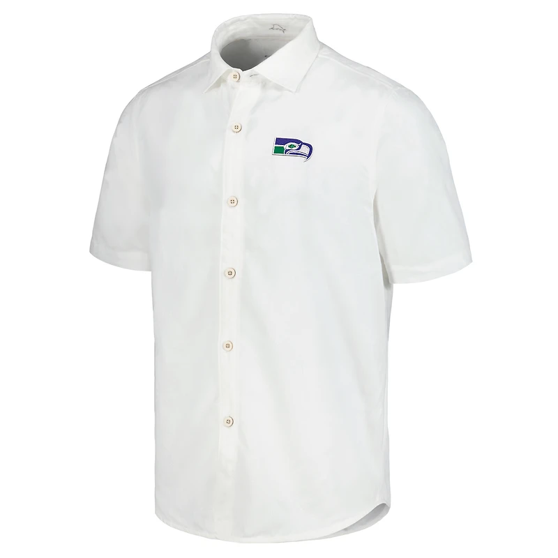 Chemise de camp boutonnée Tommy Bahama blanche Seattle Seahawks Sport Coconut Point Palm Vista IslandZone pour hommes