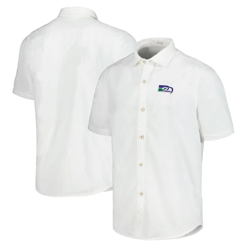Chemise de camp boutonnée Tommy Bahama blanche Seattle Seahawks Sport Coconut Point Palm Vista IslandZone pour hommes