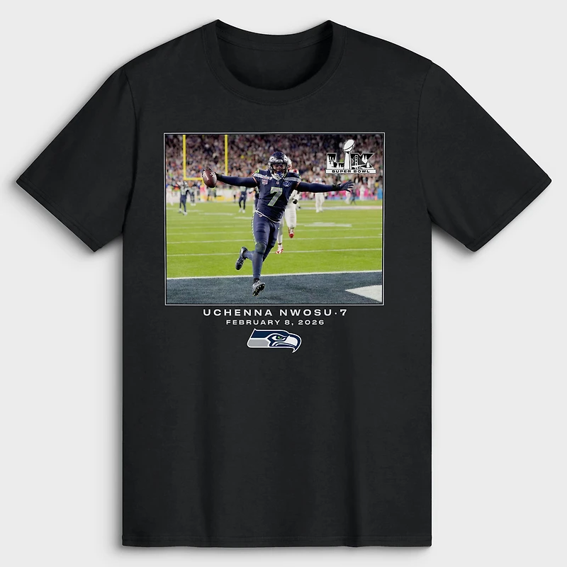 T-shirt noir Uchenna Nwosu Seattle Seahawks NFL Flash Features Super Bowl LX pour homme
