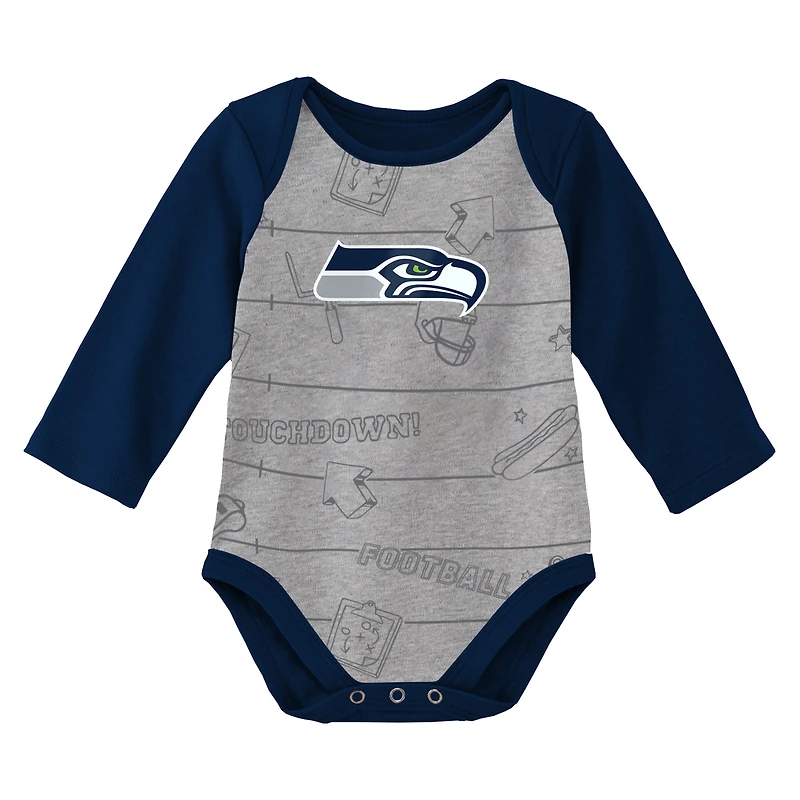 Newborn & Infant College Navy/Heathered Grey Seattle Seahawks Born To Win Lot de deux bodys à manches longues