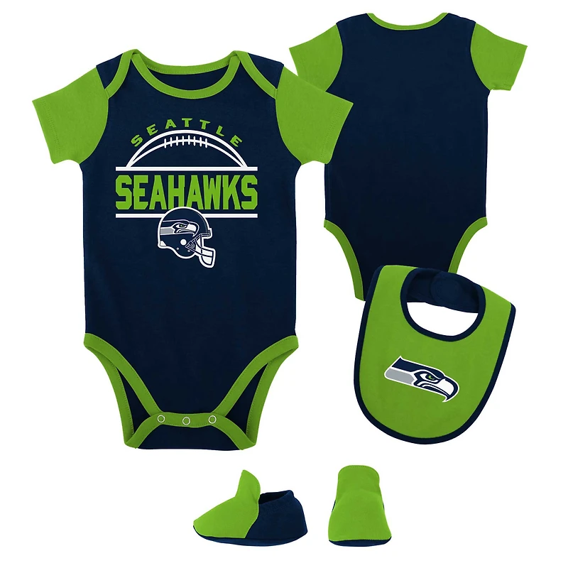 Newborn & Infant College Navy Seattle Seahawks Home Field Advantage Three-Piece Bodysuit, Bib Booties Set