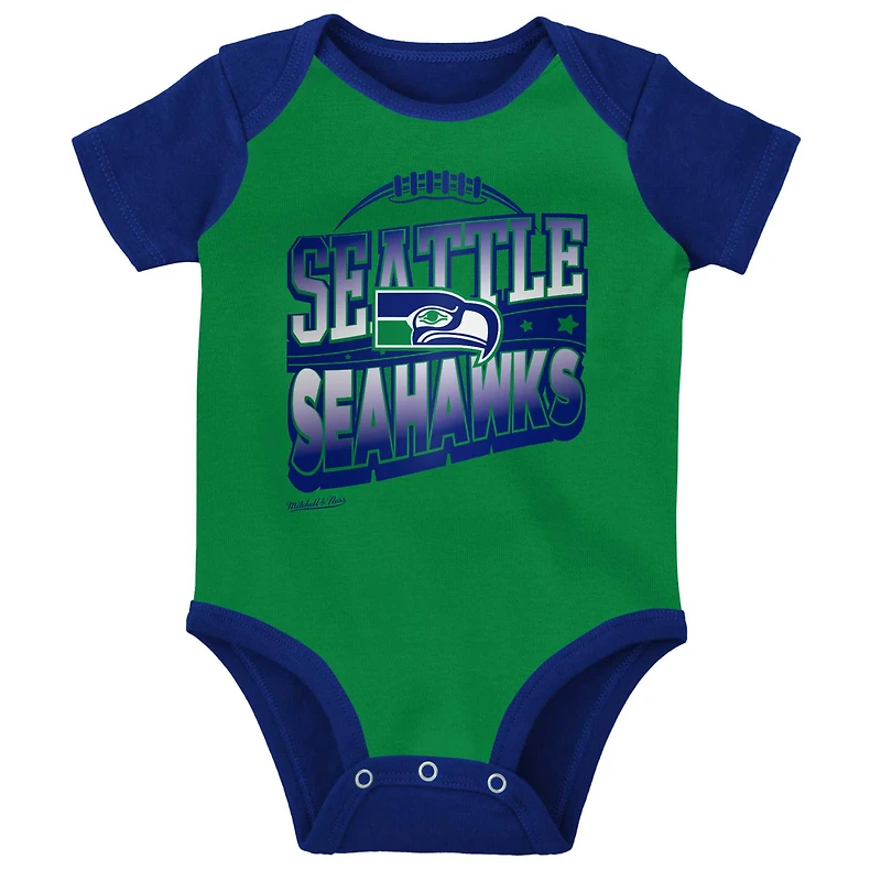Newborn & Infant Mitchell Ness Green/Royal Seattle Seahawks Throwback Big Score Bodysuit, Bib Bootie Set