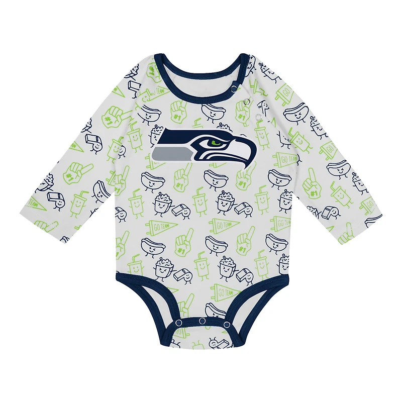 Ensemble 3 pièces avec body à manches longues, pantalon et bonnet en tricot revers Little Champ des Seattle Seahawks pour nouveau-nés nourrissons