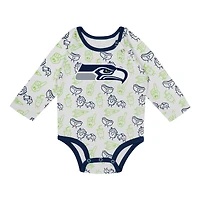 Ensemble 3 pièces avec body à manches longues, pantalon et bonnet en tricot revers Little Champ des Seattle Seahawks pour nouveau-nés nourrissons
