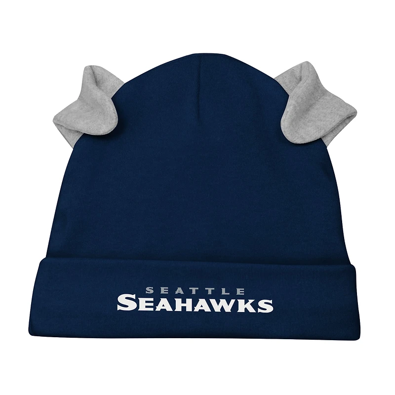 Ensemble 3 pièces avec body à manches longues, pantalon et bonnet en tricot revers Little Champ des Seattle Seahawks pour nouveau-nés nourrissons
