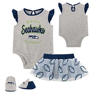 Newborn Heather Gray/Navy Seattle Seahawks All Dolled Up Three-Piece Bodysuit, Skirt & Booties Set