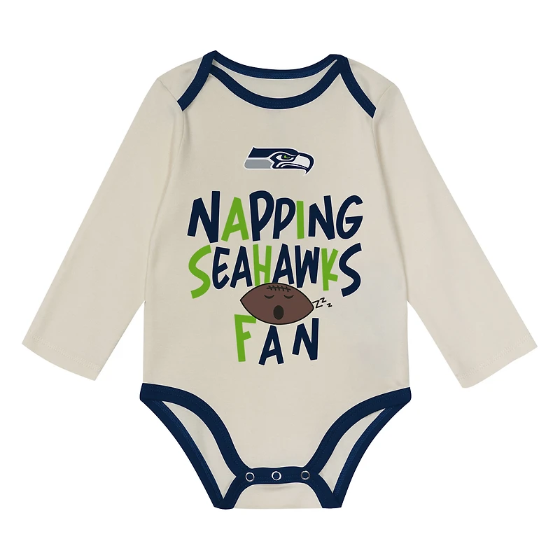 Newborn Outerstuff College Navy Seattle Seahawks Little Champ Three-Piece Long Sleeve Bodysuit, Pants and Cuffed Hat Set